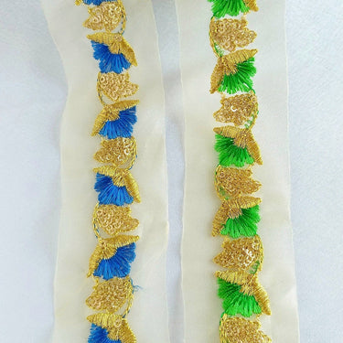 Gold Sheer Trim In Gold And Blue / Green Floral Embroidery And Gold Sequins Embellishment, Approx. 45mm Wide - 210119L135 / 36